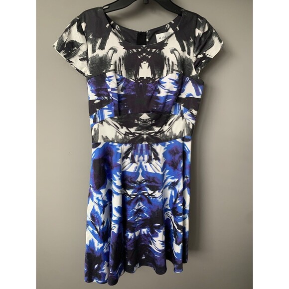 Milly Womens‎ Dress Sz 2 Blue Black Abstract Print Fit & Flair peplum - Picture 1 of 8